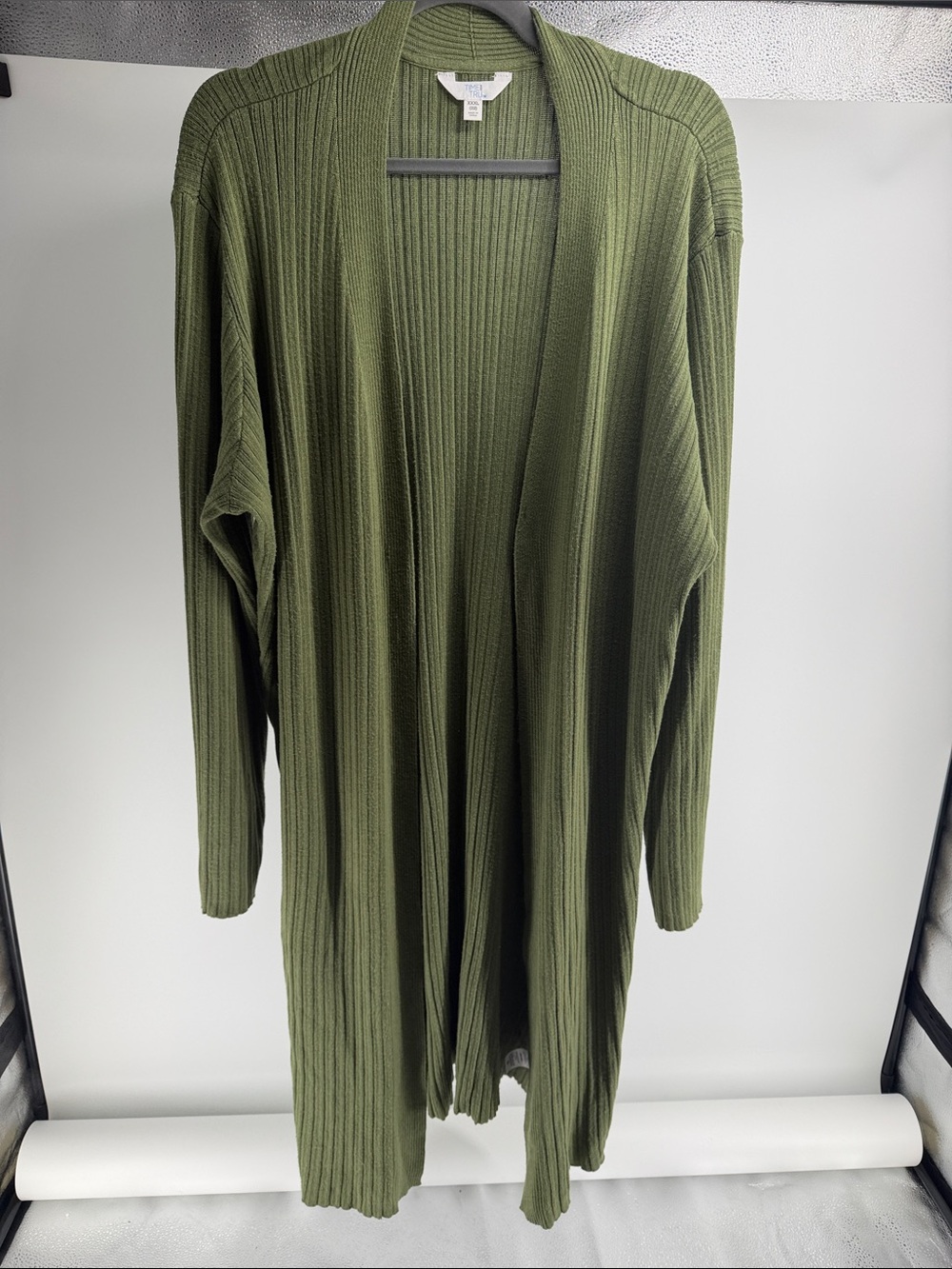 Time and Tru Olive Green Ribbed Open-Front Cardigan